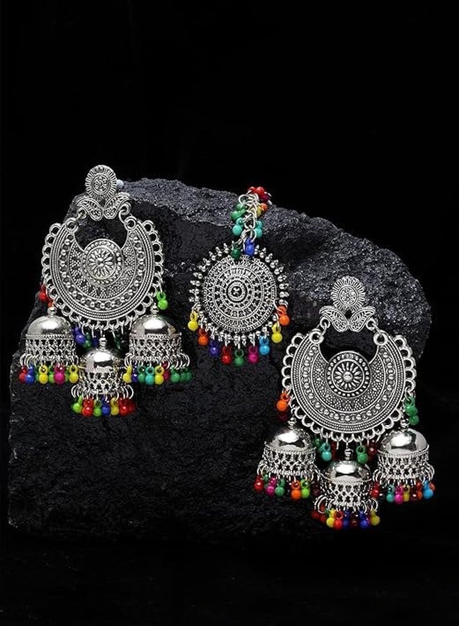 JD'Z COLLECTION Jhumki Traditional Fashion Jewelry Earrings Wedding Wear Jhumka, Indian Bollywood Stylish Oxidized Mangtika Tribal Earring Set For Women (Design-3) - Image 2